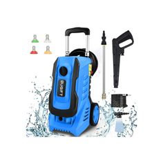 an image of a blue and black pressurer with tools in the water behind it