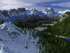 an aerial view of a snowy mountain with pine trees in the foreground and a river running through it