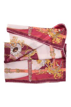 Printed on luxurious silk satin, this scarf features a charming design of pocket watches and jeweled belts, symbolizing the delicate balance of time and style. The intricate details and rich colors make this foulard a standout accessory, perfect for adding a touch of sophistication and playful charm to your wardrobe. Classic foulard size: Approx. 35" x 35". Once made famous by the likes of Audrey Hepburn, Sophia Loren and Grace Kelly, a foulard will always add a touch of elegance to your look. Hand-rolled hems: For the ultimate in luxury and sophistication, the hems are hand-rolled and sewn. 100% Silk Satin: A luxuriously soft fabric with a lustrous sheen on one side and a gentle matte finish on the other that feels oh-so sumptuous. Unlike common polyester satin, our satin is pure silk, of Elegant Pink Rectangular Silk Scarf, Elegant Pink Square Scarves, Elegant Pink Square Scarf, Luxury Pink Silk Scarf For Formal Occasions, Elegant Pink Square Silk Scarf, Classic Gold Silk Scarf, Elegant Silk Square Scarves, Elegant Gold Square Silk Scarf, Elegant Gold Square Scarf