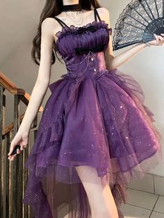 Fairy Lolita Women Dress Cute Girls Spaghetti Straps Glittering Pettiskirt Trailing Blue Princess Purple Princess Dress, Jsk Dress, Mimi Dress, Purple Dresses, Sleeveless Skirt, Printed Pleated Skirt, Purple Outfits, Pretty Prom Dresses, Gorgeous Clothes