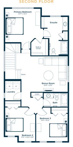 the second floor plan for a two bedroom apartment with an attached bathroom and living room