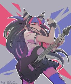 an anime character with long hair playing the guitar and holding her hand up in the air