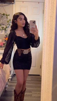 All Black Mexican Outfit, Baile Surprise Outfits, All Black Vaquera Outfit, Outfits With Botas Vaqueras, Latina Cowgirl Outfits Vestidos, Vaquera Outfit Mexican Skirt, Cute Jaripeo Outfits, Vaquera Outfit Dress, Mexican Boots Outfits