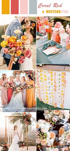 a collage of photos with different colors and flowers on them, including oranges, pinks, yellows, and green