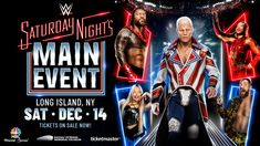 an advertisement for the wwe main event featuring two men in striped outfits and one man with white hair