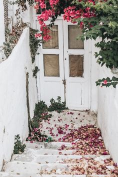 an open door with pink flowers on the outside and steps leading up to it that have been painted white