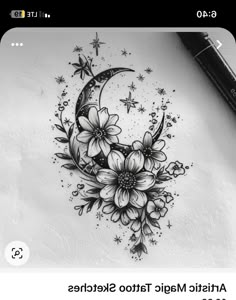 an artistic tattoo design with flowers on the moon and stars in the sky above it