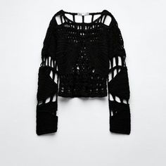 Zara Crochet Sweater - Limited Edition Nwt Black Size Small Zara Black Knitted Sweater, Zara Black Sweater For Spring, Black Crochet Sweater For Fall, Fall Black Crochet Sweater, Black Open Knit Sweater For Spring, Zara Crochet Open Knit Top For Fall, Black Crochet Top For Winter, Winter Black Crochet Top, Zara Fitted Open Knit Sweater