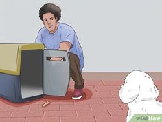 a man sitting on the floor next to a trash can and a dog looking at it