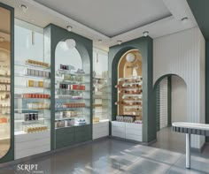 the interior of a store with shelves and tables