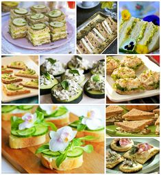 a collage of pictures with sandwiches, cucumbers, and flowers on them