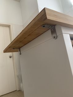 a white refrigerator freezer sitting inside of a kitchen next to a wooden counter top