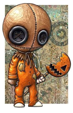 a drawing of a cartoon character holding a jack - o - lantern in his hand