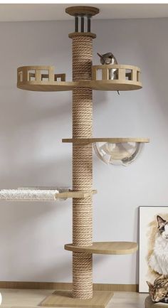 a cat tree that is in the middle of a room with two cats on it