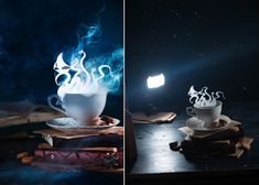 two photographs of coffee cups with steam rising out of them, and on top of books