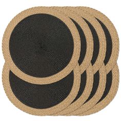 four black and tan placemats stacked on each other, with one circle in the middle