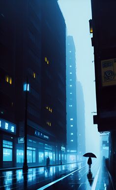 a person holding an umbrella walking down a street in the rain with buildings behind them