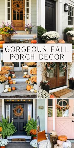 the front porch is decorated for fall with pumpkins and flowers on each door,