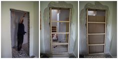 two pictures of a man standing in front of an open door with shelves on each side