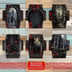 six different frames with red roses on them and an image of a gothic castle in the background