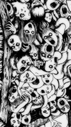 an ink drawing of many skulls and people