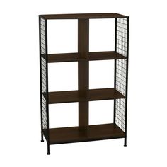 a bookcase with four shelves and wire on the bottom, one shelf is brown