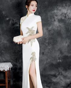 Color: White, Size: 2XL Chinese Traditional Dress Qipao, Red Chinese Dress, Wedding Qipao, Qi Pao, Cheongsam Modern, Modern Qipao, Chinese Traditional Dress, Chinese Style Dress, Gown Vintage