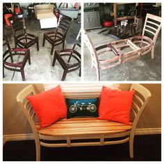 several different pictures of chairs and tables in a room with orange pillows on the floor