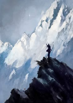 a painting of a person standing on top of a mountain with an arrow in his hand