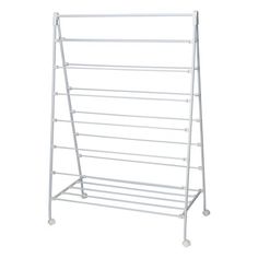 a white metal rack with five shelves on wheels for clothes and other things to use