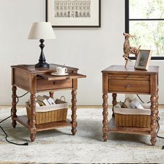 two wooden end tables with baskets on them