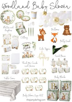 the woodland baby shower is shown with its items