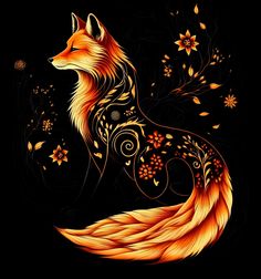 an orange fox sitting on top of a black ground with flowers and leaves around it