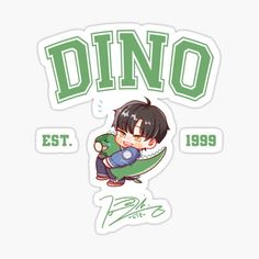 a sticker with the name dino and an image of a boy holding a fish