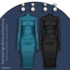 two dresses with pearls on the shoulders and long sleeves, one in black and one in teal