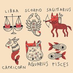 an image of zodiac signs and fish on a beige background with black lettering that reads libra scorpio sagitaruus