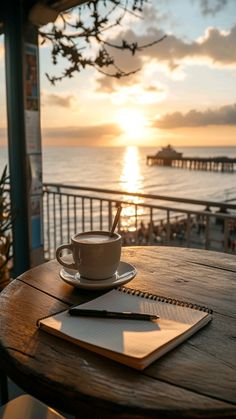 a cup of coffee sitting on top of a wooden table next to a notebook and pen