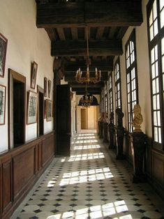 a long hallway with lots of windows and pictures on the wall above it, along with chandeliers