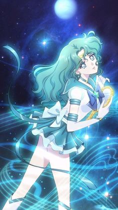 an anime character with long hair and blue eyes is walking through the night time sky