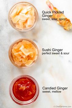 three small bowls filled with food on top of a white marble countertop and labeled ingredients