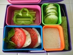 a lunch box filled with different types of vegetables and dip in each container, including cucumbers, tomatoes, celery, lettuce, and pickles