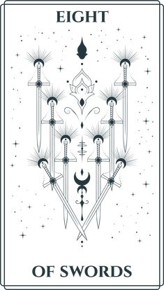 Discover the different meanings of the Eight of Swords at backyardbanshee.com: this card is all about isolation, punishment, anxiety, lack of clarity, confusion, and disorder. Eight Of Swords Tarot Meaning, Eight Of Swords Tarot, Eight Of Swords, Tarot Meanings, Tarot Cards Art