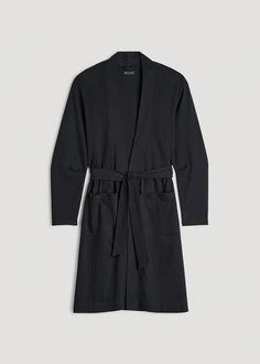 Lounge Like a Pro in Our Tall Men's Robe Extra-Long Comfort, Designed Just for You Wrap yourself in the ultimate comfort with our Waffle-Knit Lounge Robe. This tall robe’s longer length ensures full coverage while the contrast binding and patch pocket add a touch of luxury. Its relaxed fit allows for easy layering over pajamas or after a shower. Enjoy lazy Sunday mornings or cozy evenings in with an extra-long men's robe that finally fits just right.• Patch pocket for your essentials• Contrast b Black Knit Outerwear For Loungewear, Relaxed Fit Black Knit Cardigan, Black Relaxed Fit Knit Cardigan, Black Knit Cardigan With Relaxed Fit, Classic Black Cardigan For Daywear, Black Cotton Outerwear For Daywear, Black Cozy Relaxed Fit Cardigan, Cozy Black Relaxed Fit Cardigan, Black Cozy Cardigan With Relaxed Fit