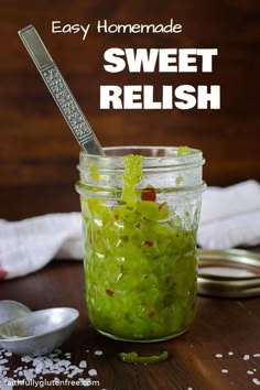 homemade sweet relish in a jar with spoon