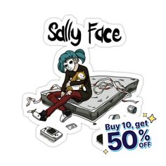 a sticker with an image of a person sitting on a laptop and the text, silly face buy 10 get 50 % off