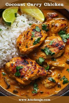 chicken curry with rice and limes in a bowl