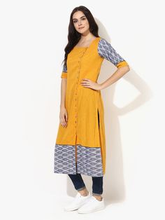 Buy Yellow Mangalgiri Cotton Ikat Kurta online at Theloom Kalamkari Dresses, Ikkat Dresses, Kurtas For Women, Kurta Cotton, Ikat Dress, Kurti Designs Latest