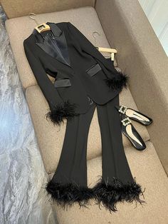 Shop for Dezire Ostrich hair Satin Blazer & Pant Set at Glory Connection. Free shipping on orders over $75. Washing instructions: Dry Clean Composition: Cotton, Polyester, Natural Fiber Designer Style ID: GC45781218 Suit With Feathers Woman, Black Woman Suit Fashion, Suit For Party Women, Party Blazer Women, Feather Suit Women, Black Blazers For Women Outfits, Feather Pantsuit, Pant Suits For Women Party, Party Suits For Women