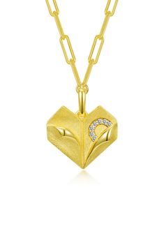 An origami-inspired heart set with simulated diamonds or simulated gemstones makes a sparkling statement on a link necklace plated in 18-karat gold. Each version is engraved with a different phrase on the reverse: simulated diamond with "Strength and Purity", simulated emerald with "Rebirth and Prosperity," lab-created ruby with "Love and Devotion" and lab-created sapphire with "Trust and Fidelity." 20" length; 5/8"W x 1/2"L pendant Total simulated diamond, simulated emerald, lab-created ruby or Fine Jewelry Heart Pendant Gift, Luxury Healing Pendant Jewelry, Luxury Gold-tone Pendant Jewelry, Luxury Yellow Gold Heart Pendant Jewelry, Luxury Gold Pendant Gemstones, Jewelry Drawing, Gold Plated Necklace, Keep Jewelry, Metal Necklaces