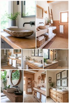 Rustic bathroom interiors with natural wood elements, stone sinks, and greenery for a spa-like feel. Boho Spa Bathroom Ideas, Organic Modern Bathroom Decor, Spa Bathroom Design Ideas, Natural Bathroom Design Earth Tones, Organic Bathroom Design, Natural Bathroom Design, Modern Organic Bathroom, Mountain Bathroom, Organic Bathroom